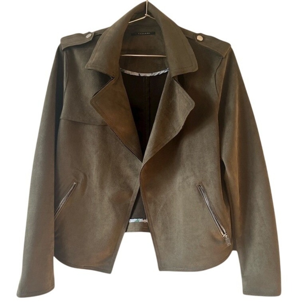 T Tahari Moto Jacket Olive Green Faux Suede Epaulette Lightweight Biker Coat